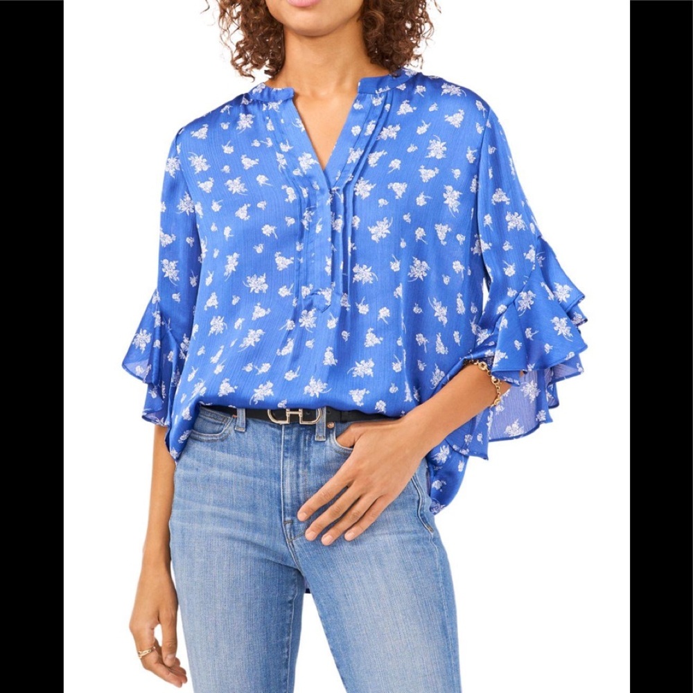 NWOT Vince Camuto teal green floral flutter sleeve top - Picture 5 of 7